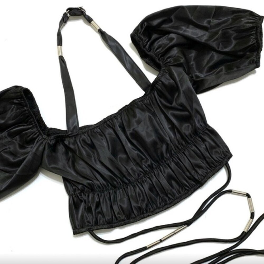 Maniere De Voir Halter Satin Crop Top - Picture 3 of 7